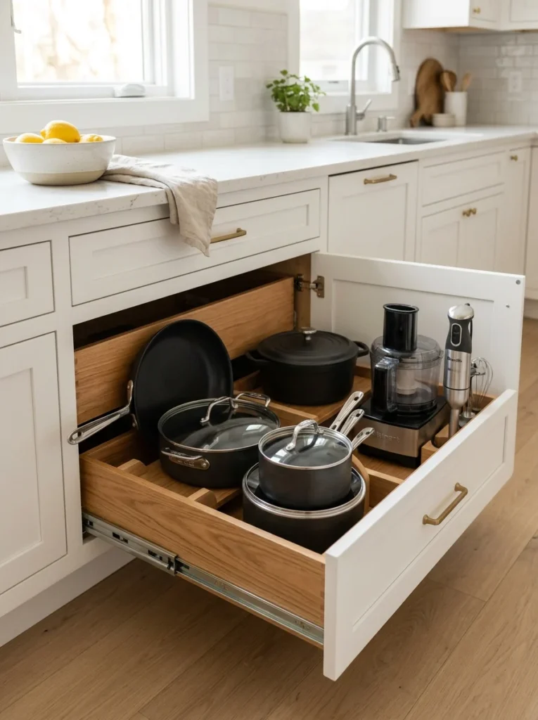 Pull-out drawers organizing pots and pans in a lower kitchen cabinet
