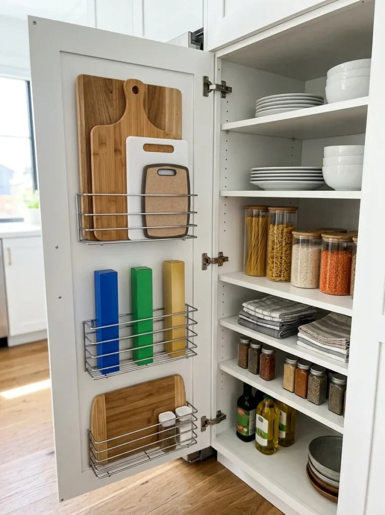 Door-mounted racks adding storage to a kitchen cabinet