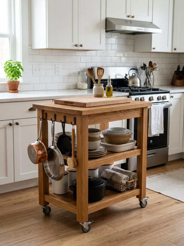 Rolling kitchen cart providing extra pot and pan storage