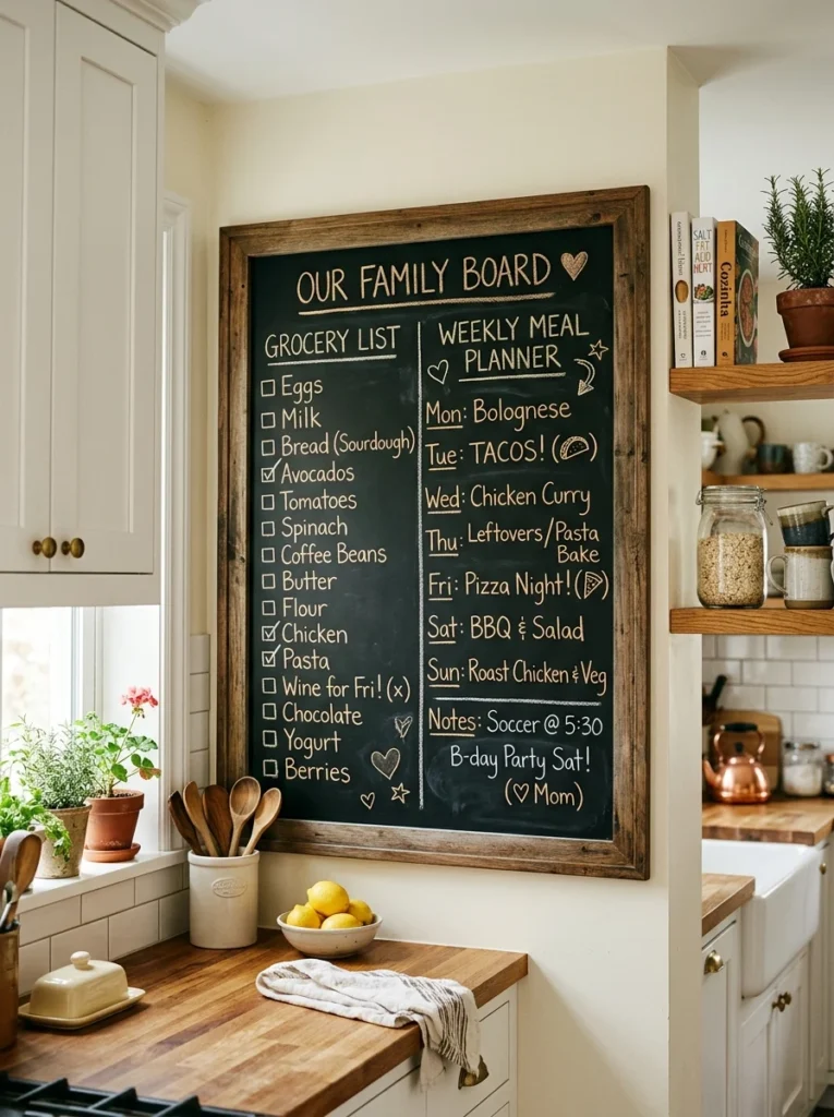 Kitchen chalkboard wall for notes and grocery lists