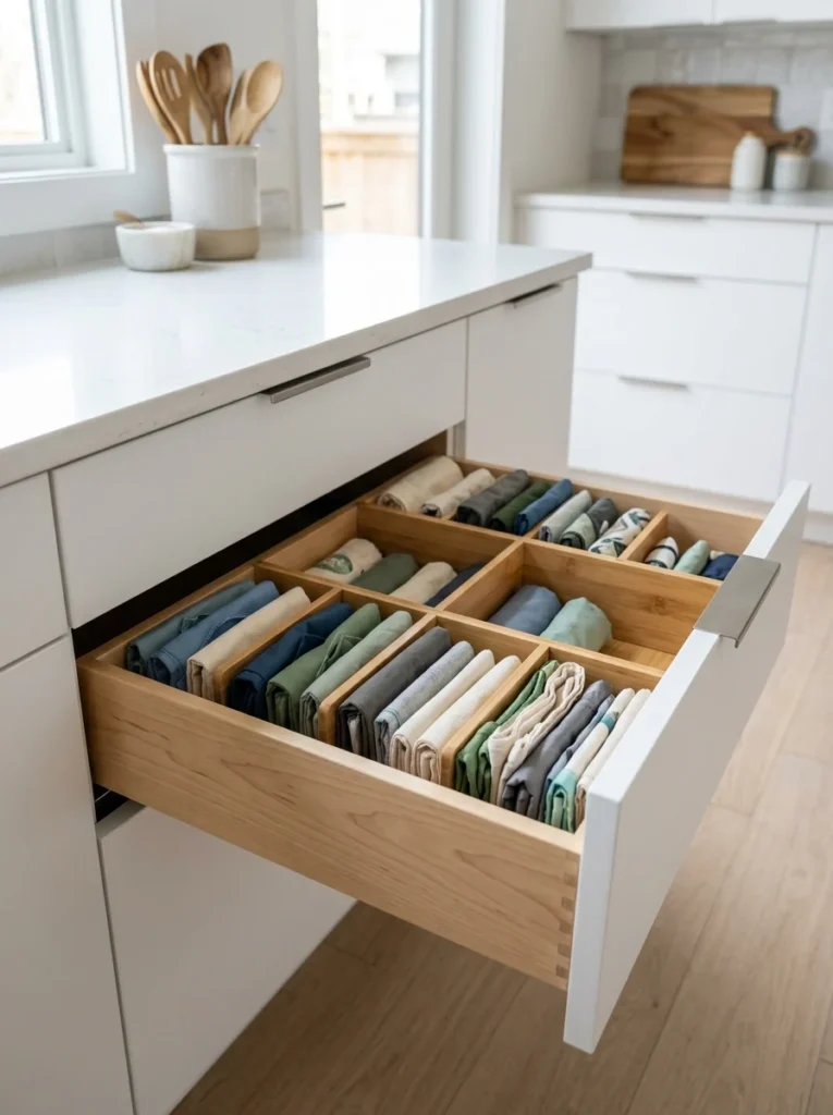 Drawer divider organizing folded reusable grocery bags