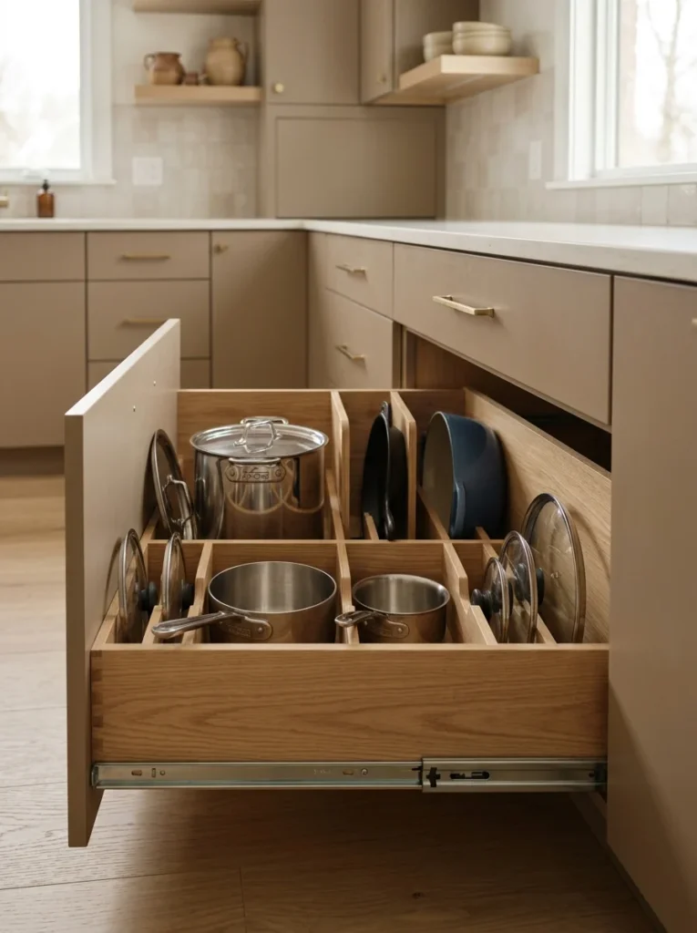 om dividers organizing cookware inside a deep kitchen drawer