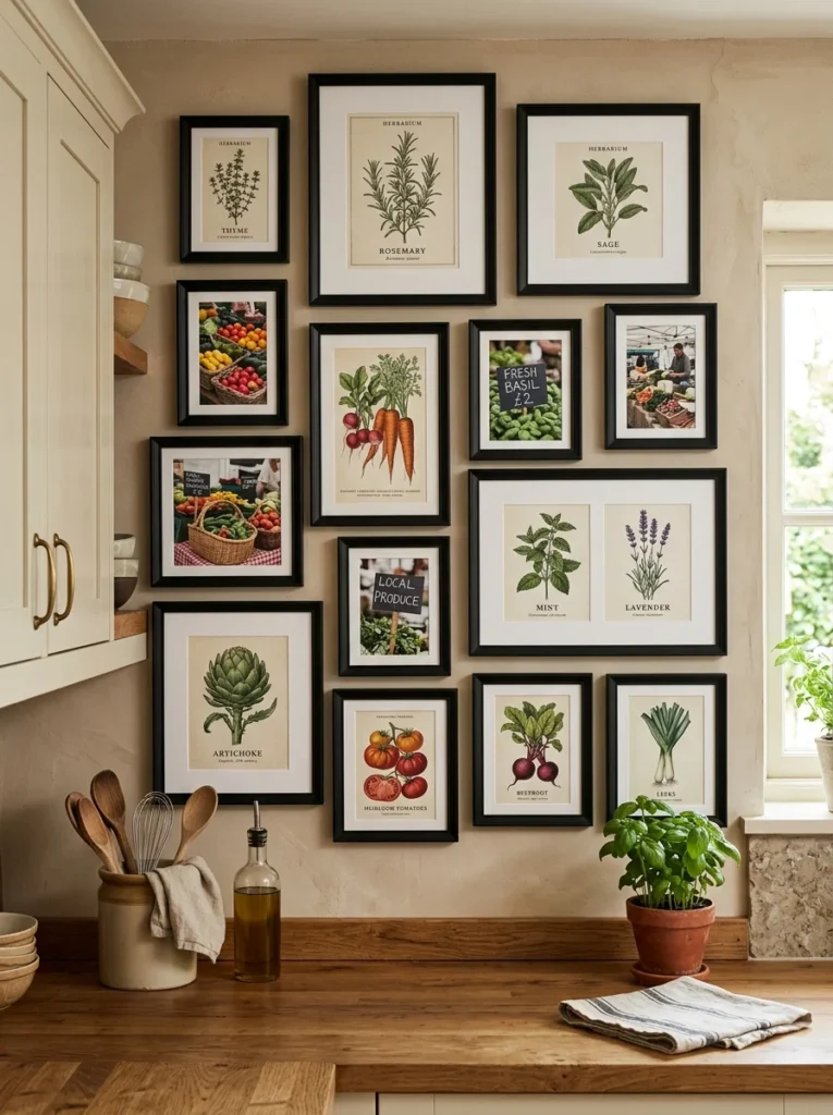 Food-themed gallery wall in a modern kitchen.