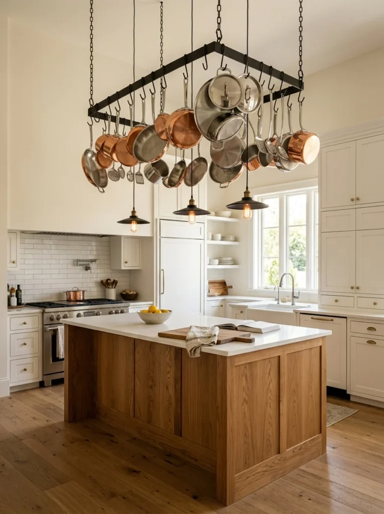 Ceiling-mounted pot rack above a kitchen island