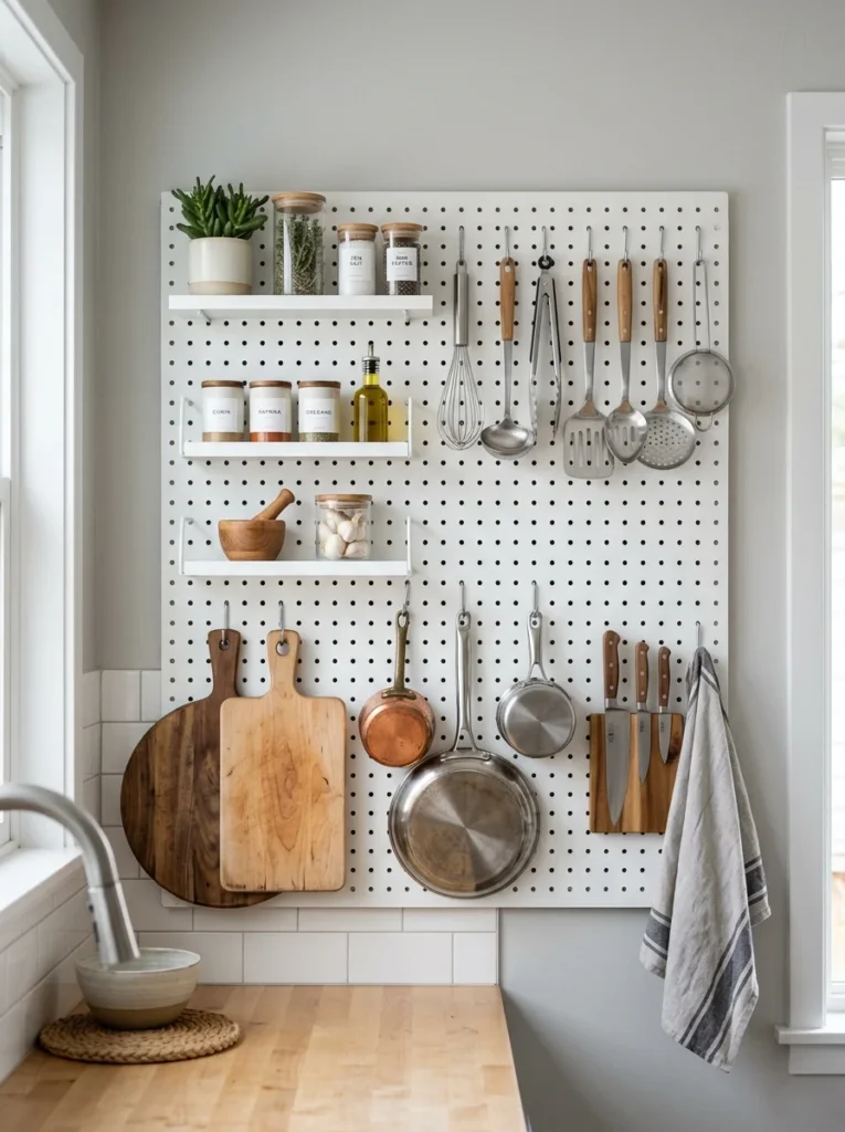 Kitchen pegboard organization wall.