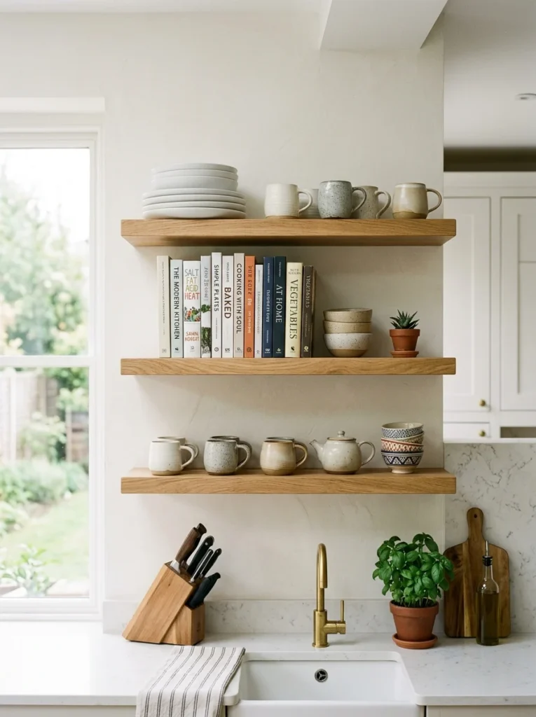 Floating kitchen shelves displaying curated ceramic dishware.