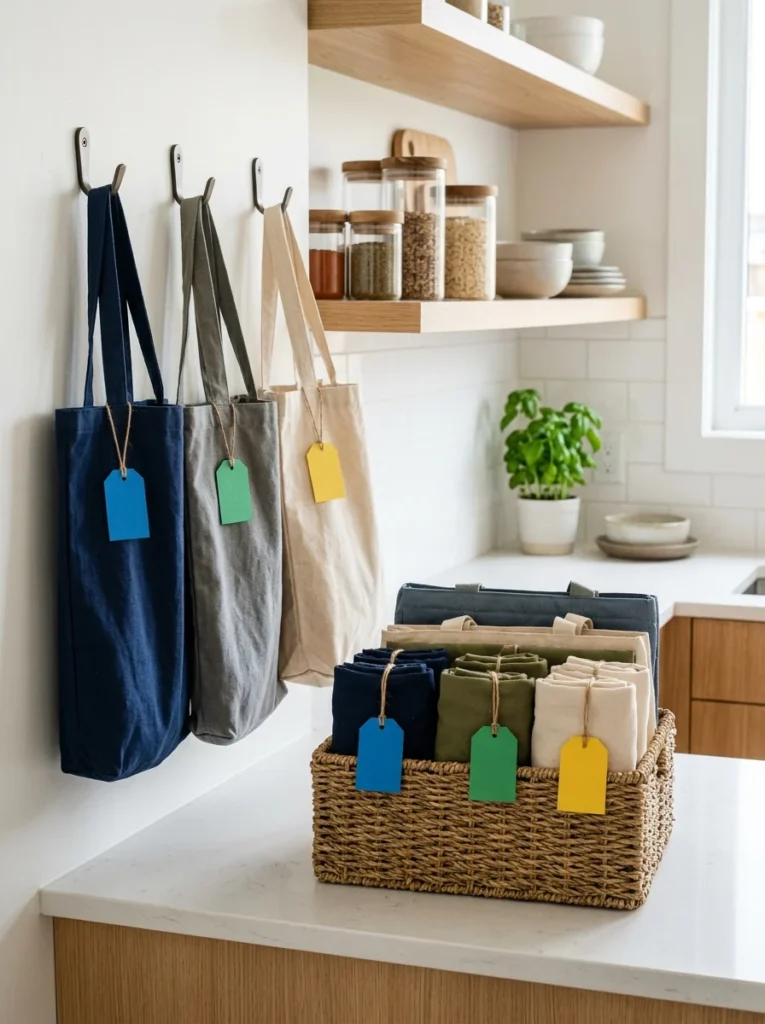 olor-coded tags organizing reusable bags for a household