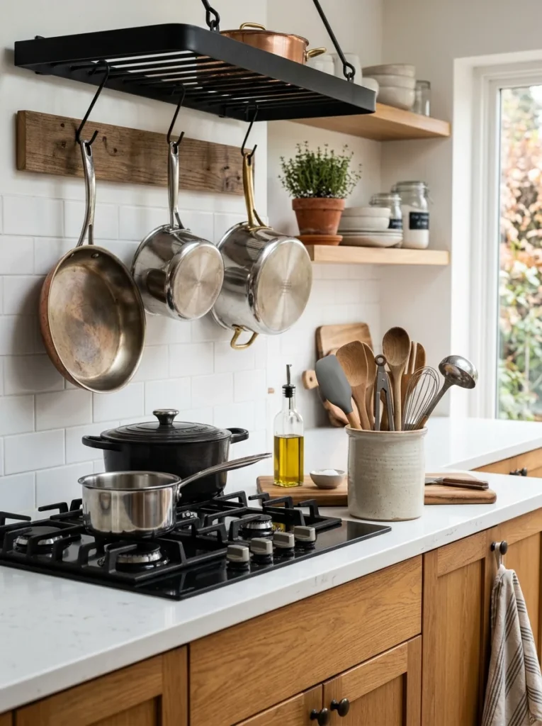 Utensil crock organized beside pots and pans near the stove