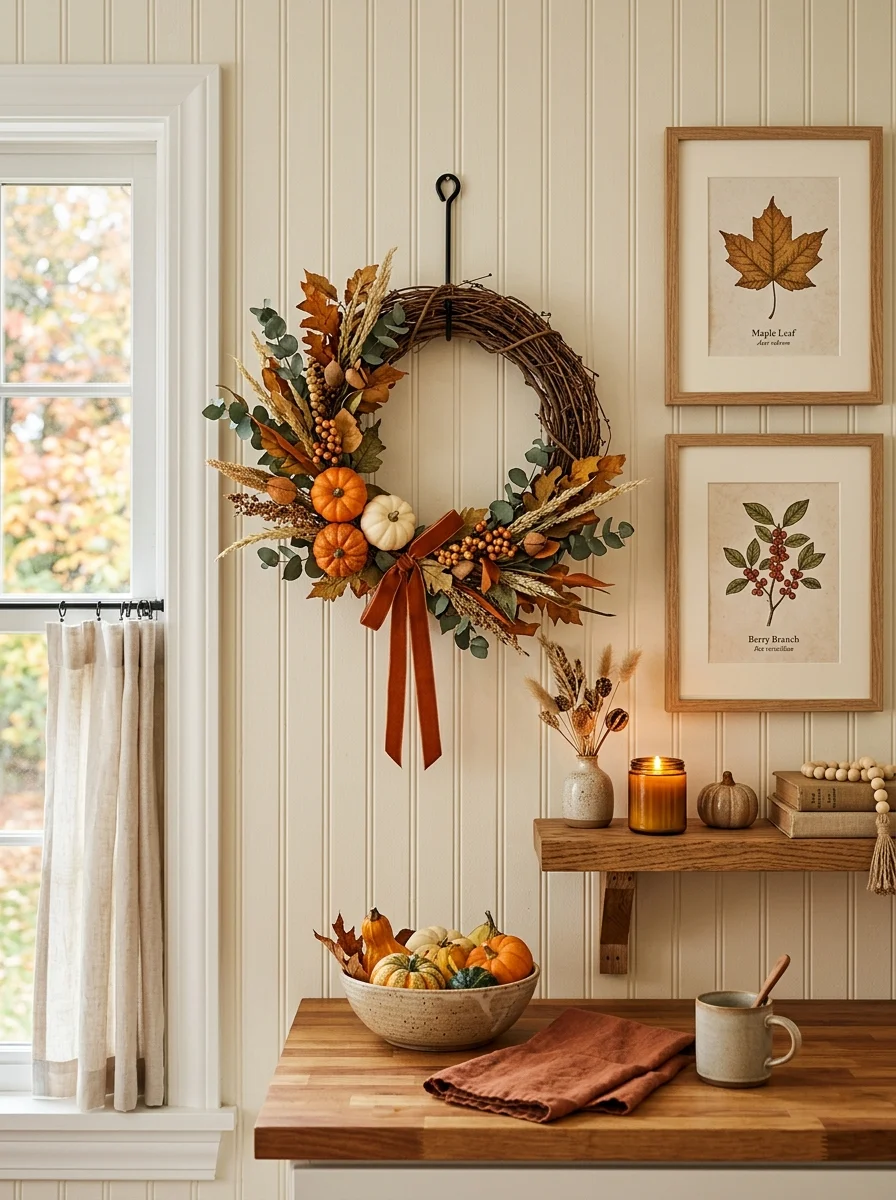 Seasonal kitchen wall decor display.