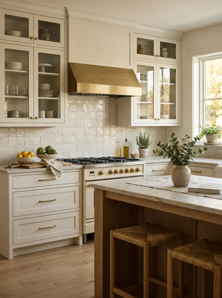 Warm white kitchen with cream backsplash tile and natural wood accents.