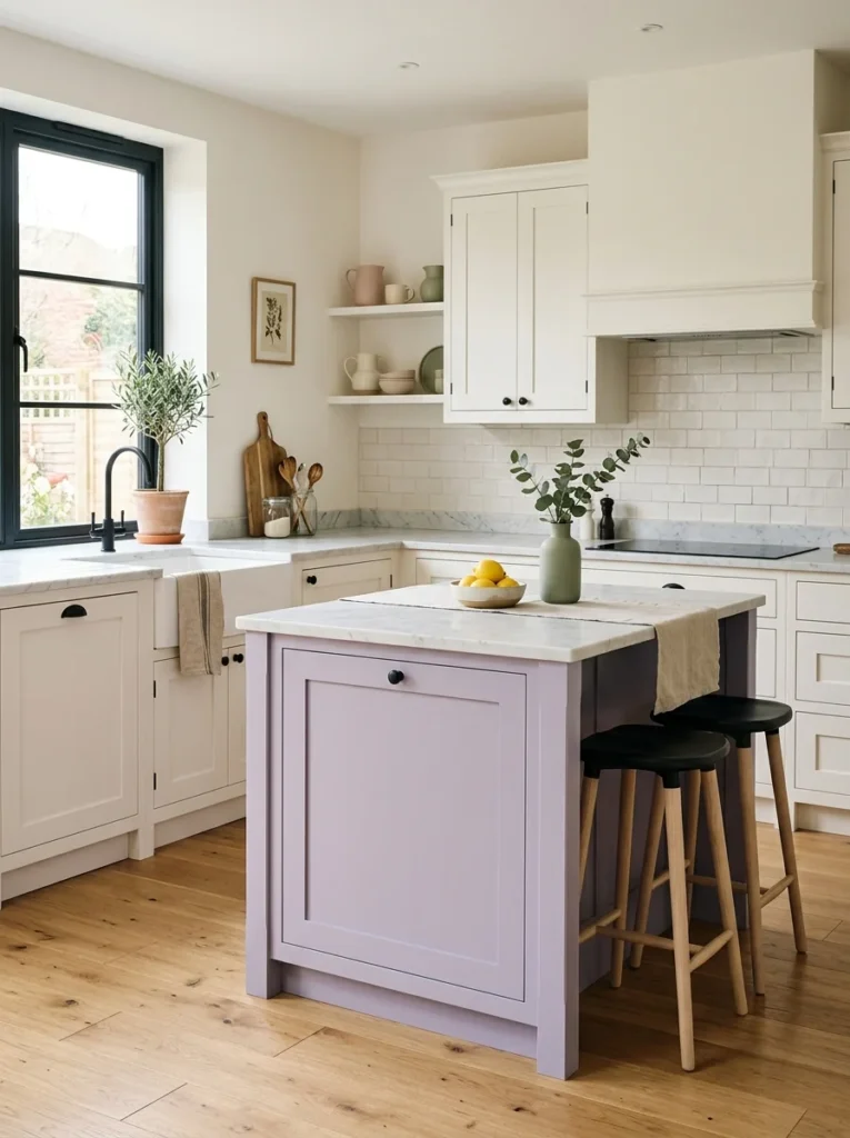Unique kitchen with a soft muted lavender cabinet island.