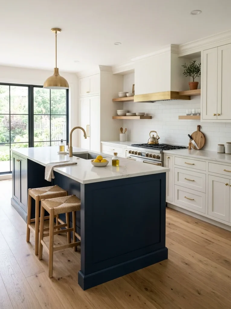 Navy kitchen island surrounded by warm white perimeter cabinets.