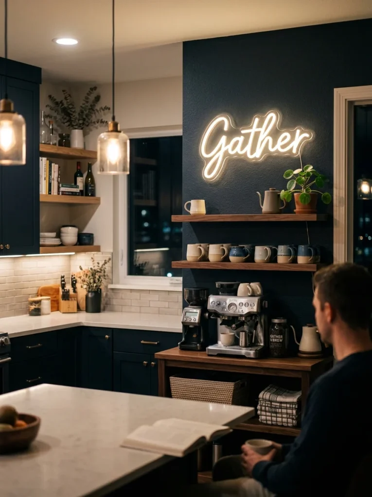 LED neon wall sign decorating a kitchen.
