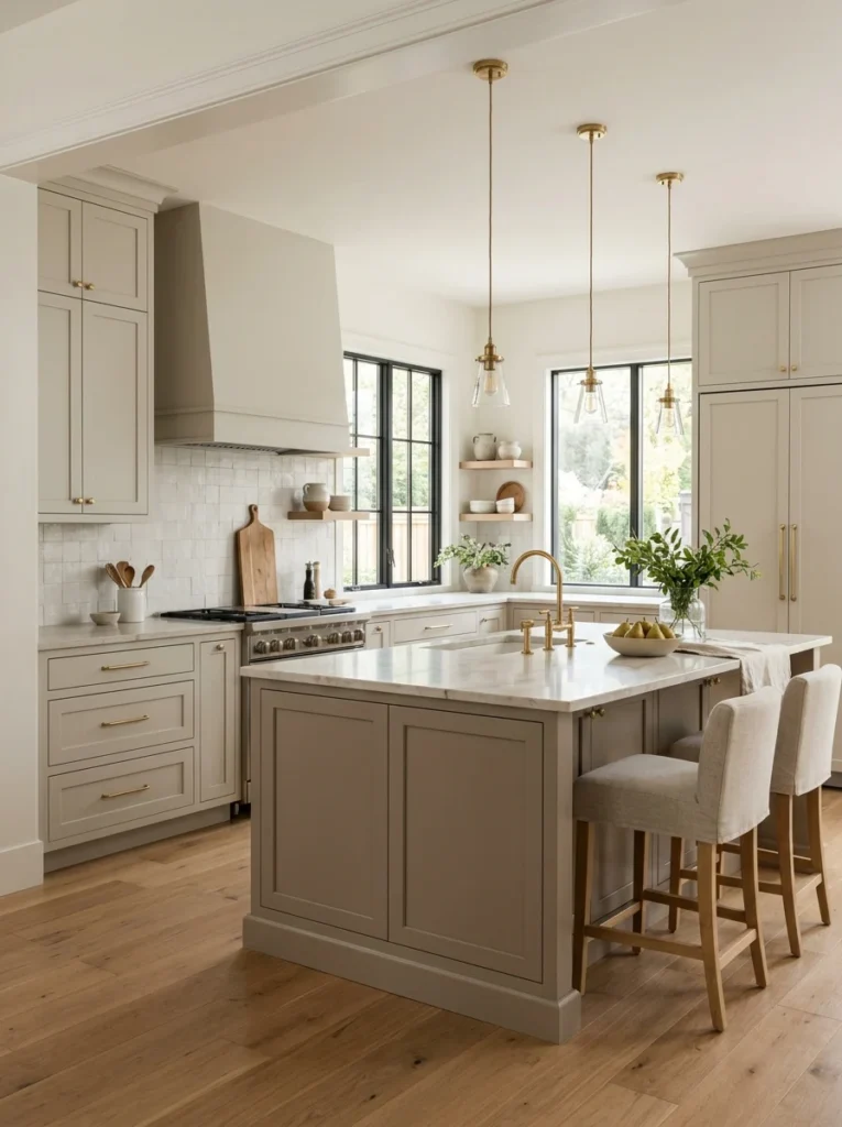 Greige perimeter cabinets paired with a deeper taupe kitchen island.