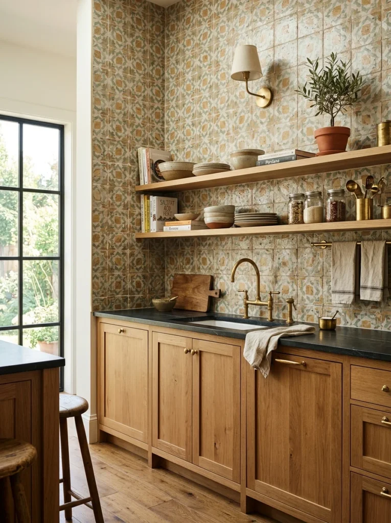 Decorative tile backsplash extending across the kitchen wall.
