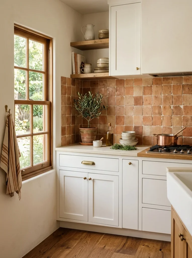 White kitchen with warm terracotta backsplash tiles and wood accents.