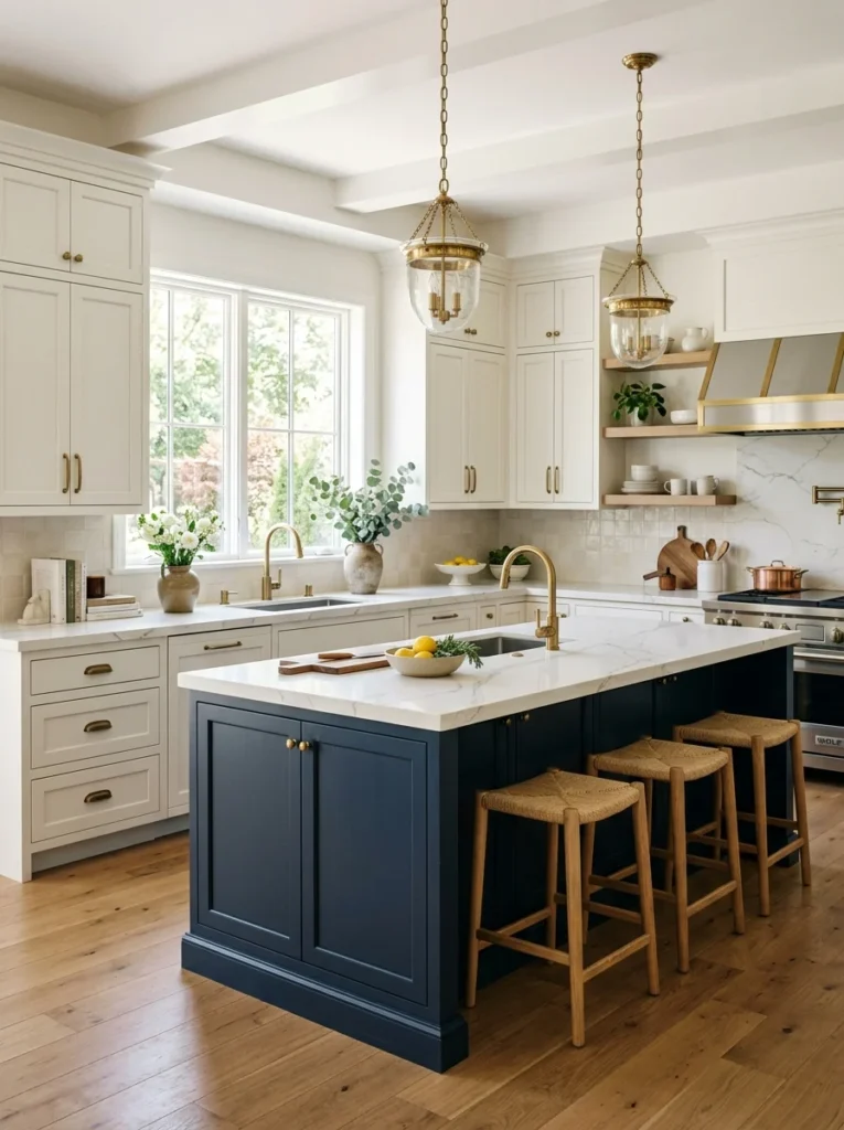 White quartz countertop with gray veining connects navy and white kitchen cabinets.