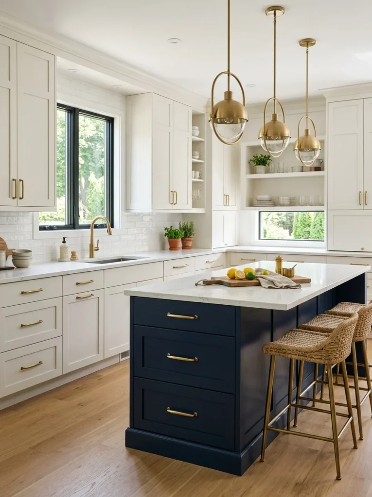 Brushed brass hardware connects white and navy kitchen cabinets.