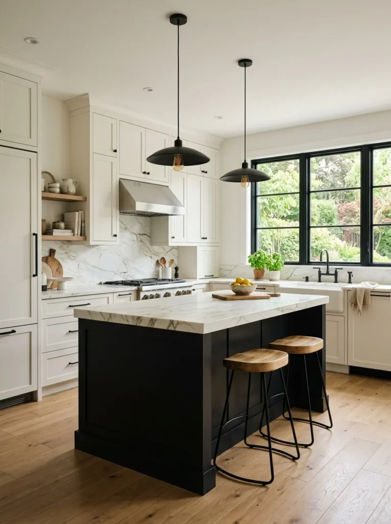 Timeless kitchen with warm white cabinets and contrasting black accents.