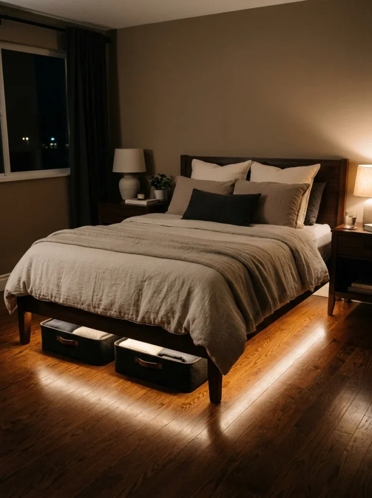 LED lighting illuminating storage beneath a bed at night