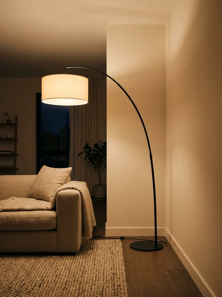 Sculptural arc floor lamp decorating an empty living room corner