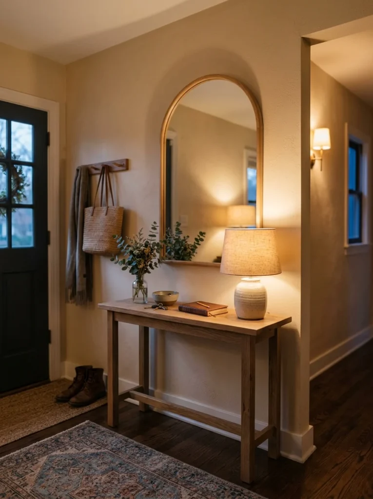 Warm table lamp lighting a styled entryway console