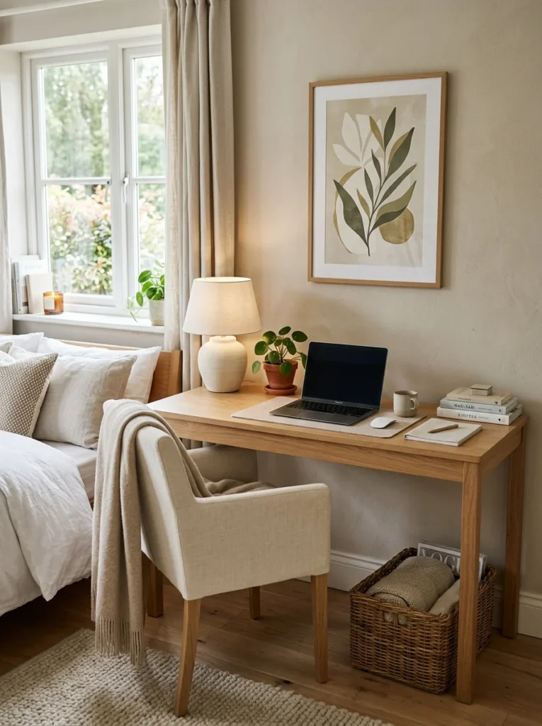 Organized aesthetic bedroom desk with wood furniture, plant, and simple decor.