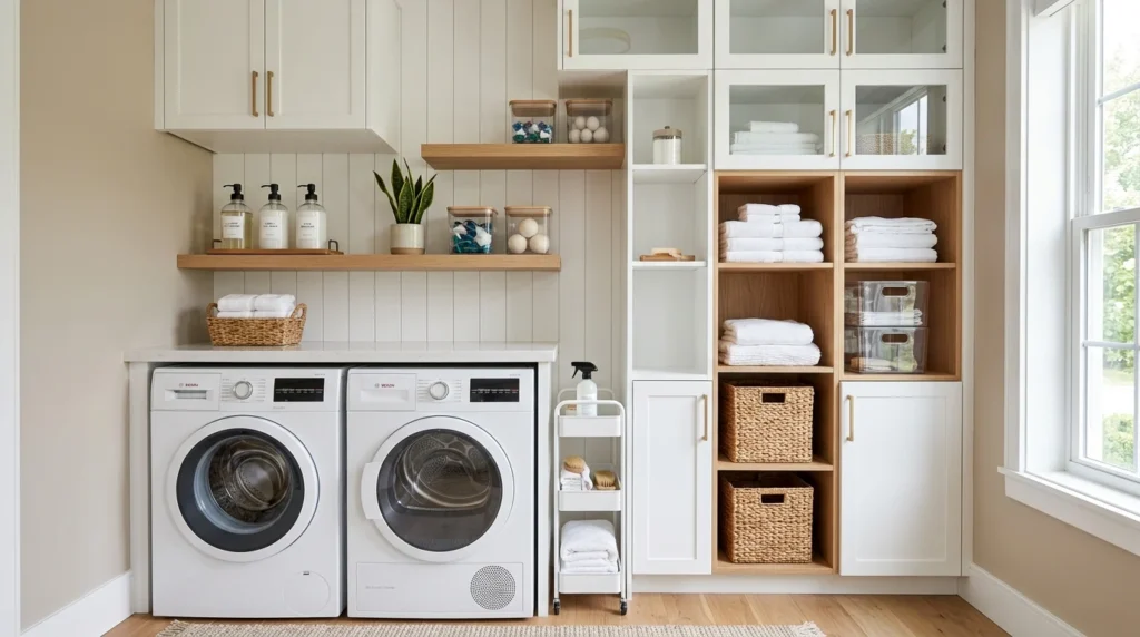, beautiful organized wall-to-wall storage system, matching glass detergent dispensers with labels, clear acrylic storage bins, natural wood floating shelves
