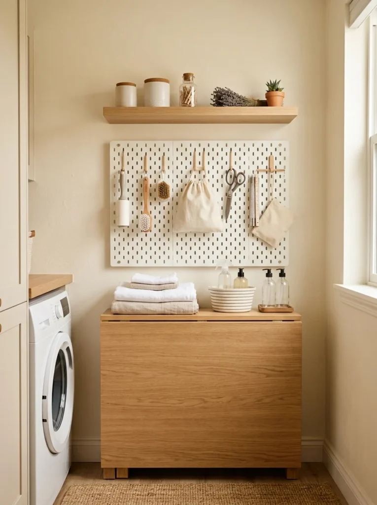 Pegboard organizing laundry tools above a folding counter