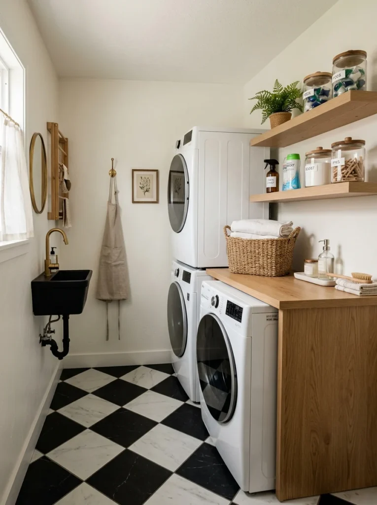 Black and white checkerboard floor adding visual interest to a small laundry room.