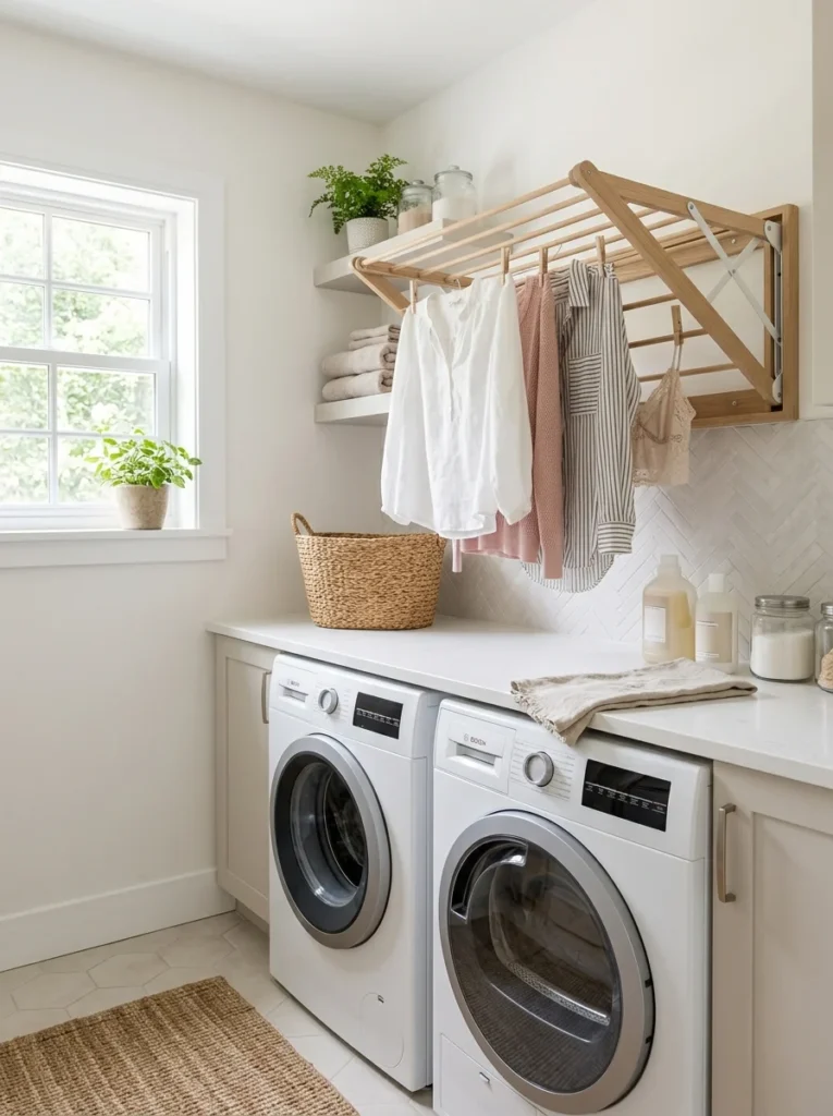 Wall-mounted folding drying rack in a compact laundry room