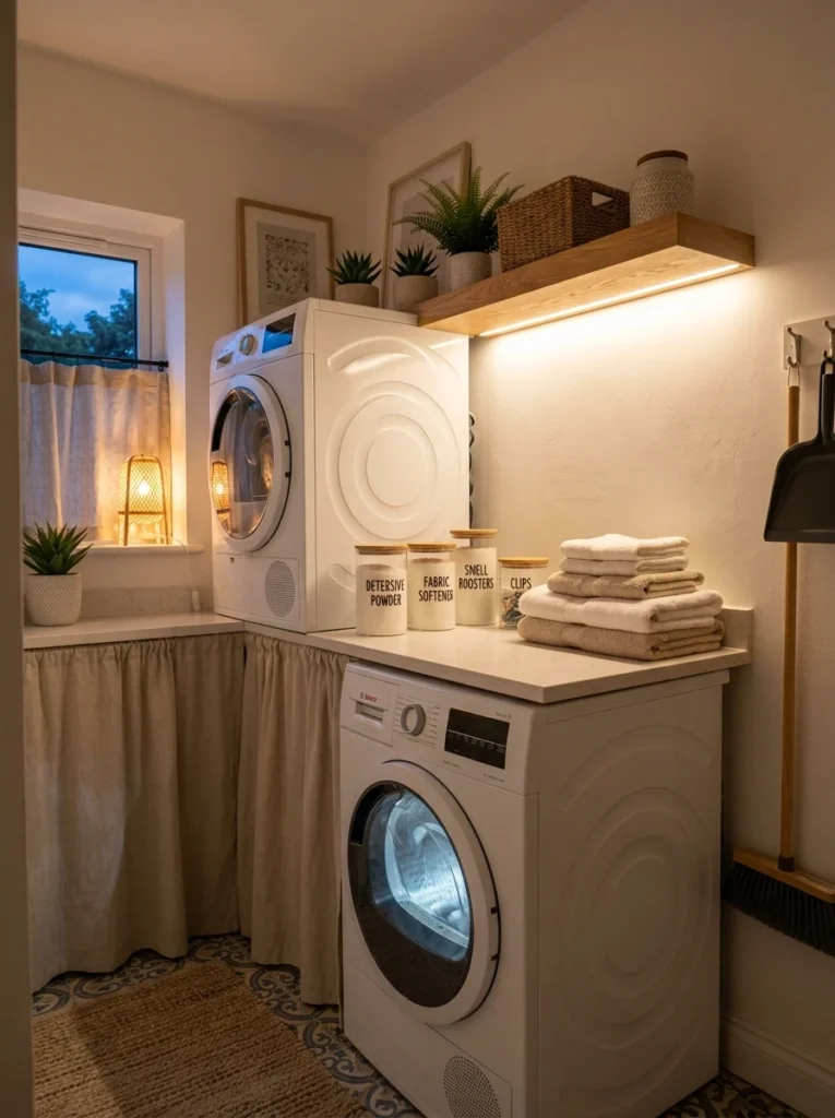 Under-shelf LED lighting illuminating a laundry folding counter.
