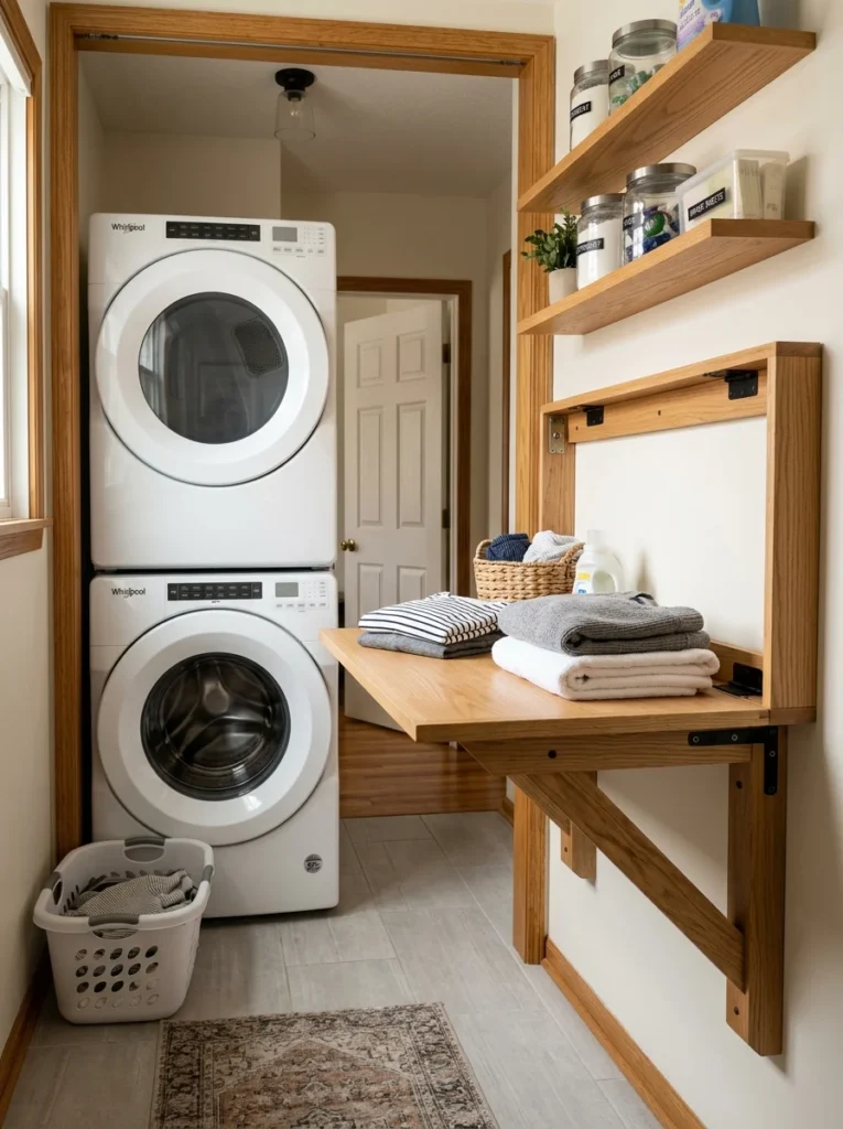 Fold-down wall table providing a temporary laundry folding surface.