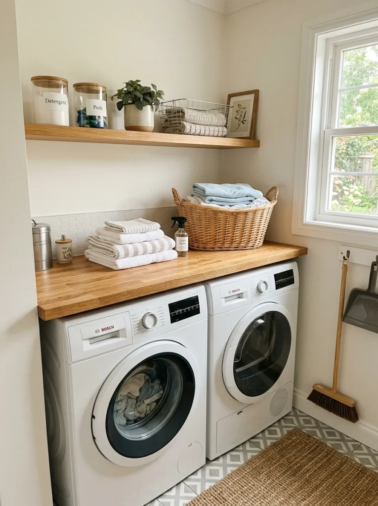 Butcher block countertop creating a folding surface above laundry machines.