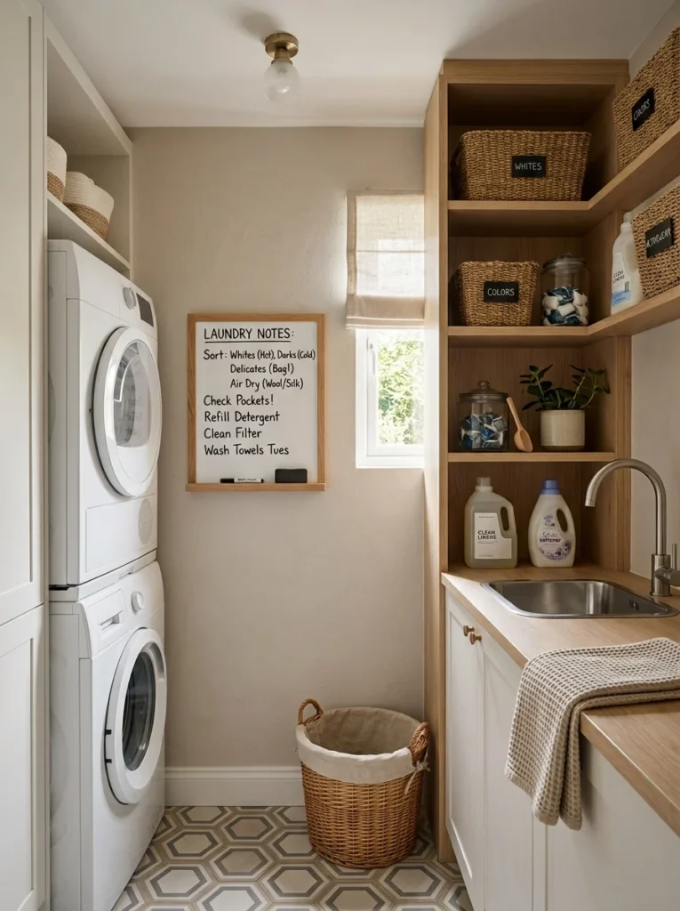 Small laundry notes whiteboard beside washer and dryer