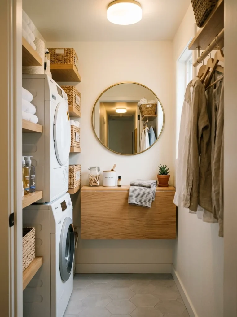 Round mirror adding visual depth to a narrow laundry room.