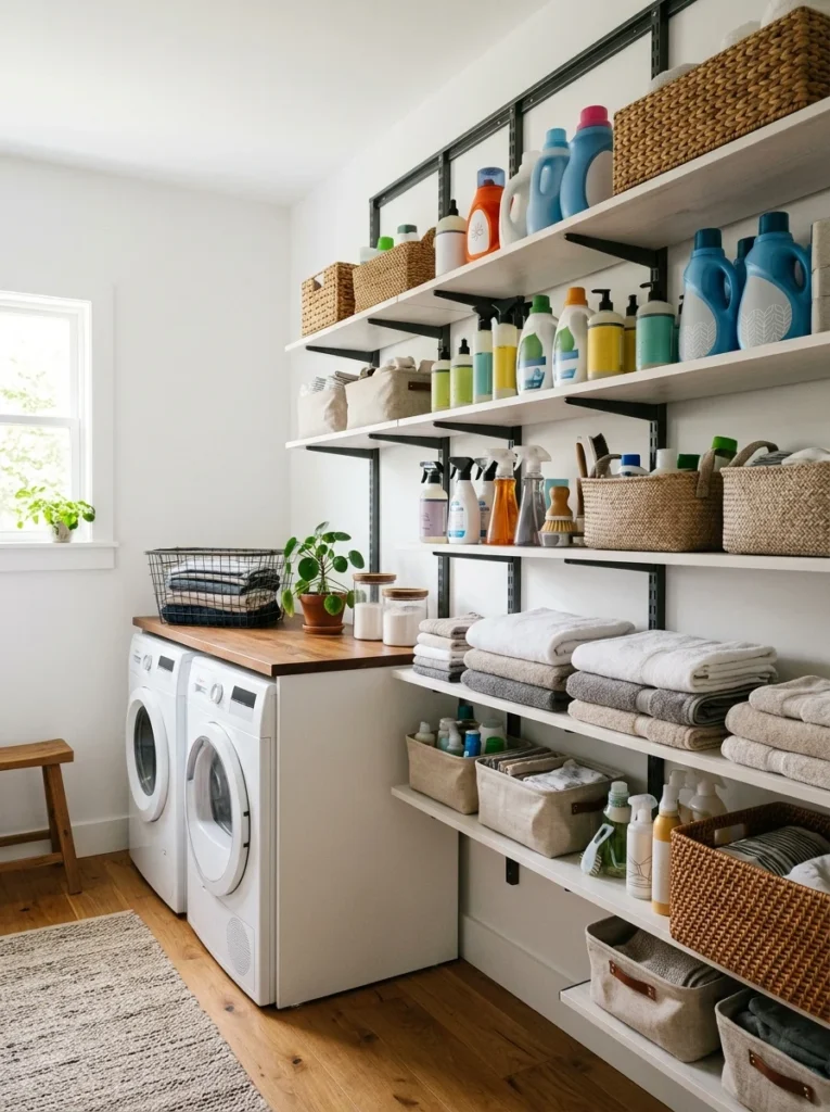 Adjustable shelving for organized laundry room storage