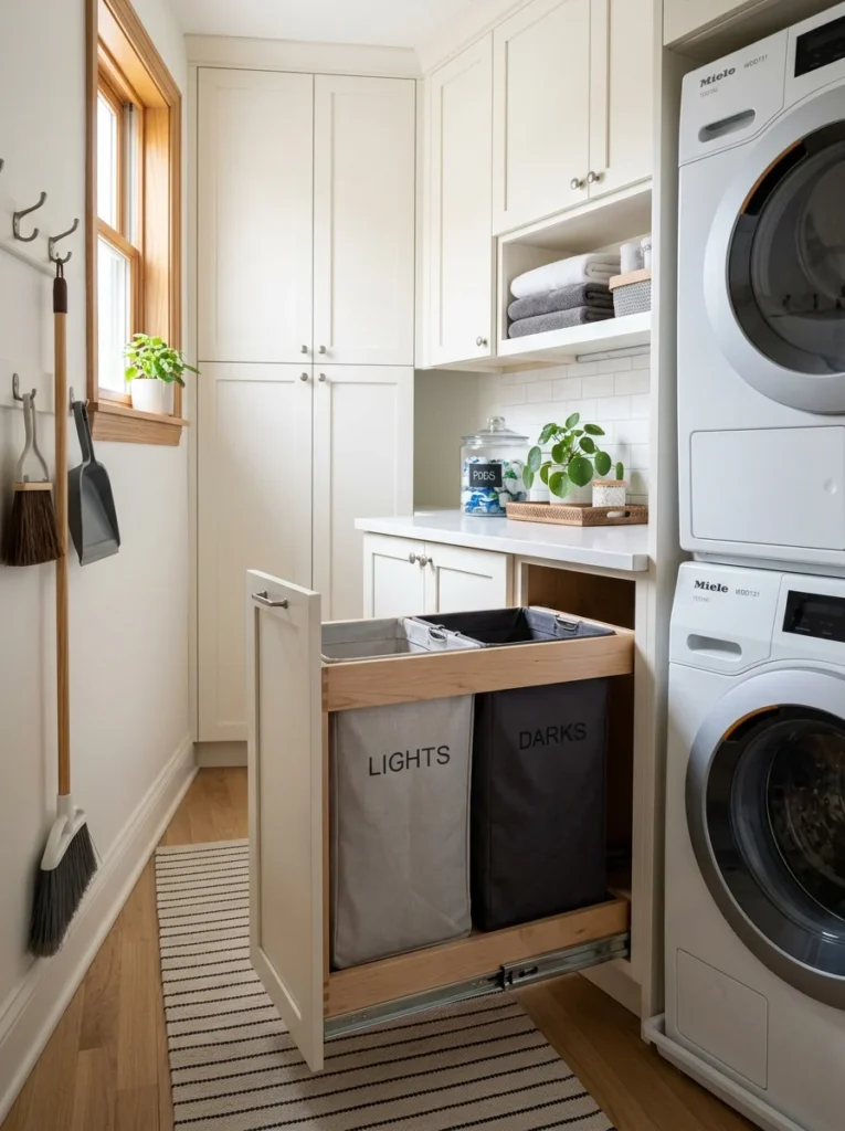 Pull-out laundry hamper with separate bins for sorting clothes in a small laundry room.