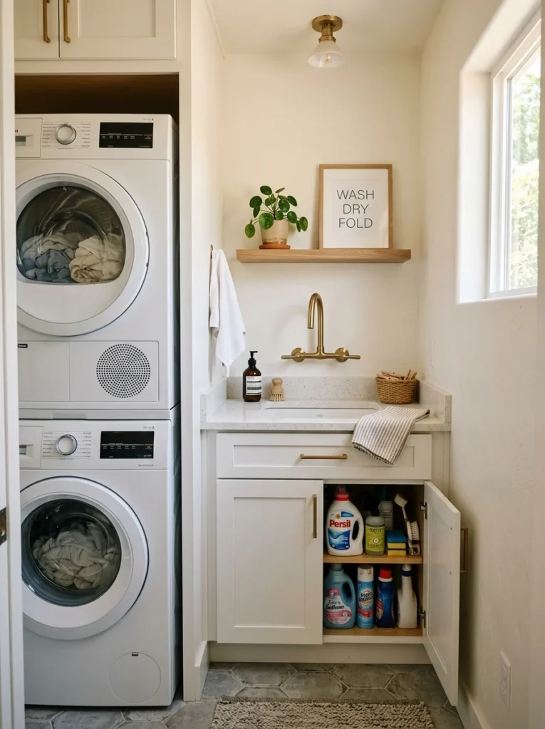 Compact utility sink with enclosed storage in a small laundry room.