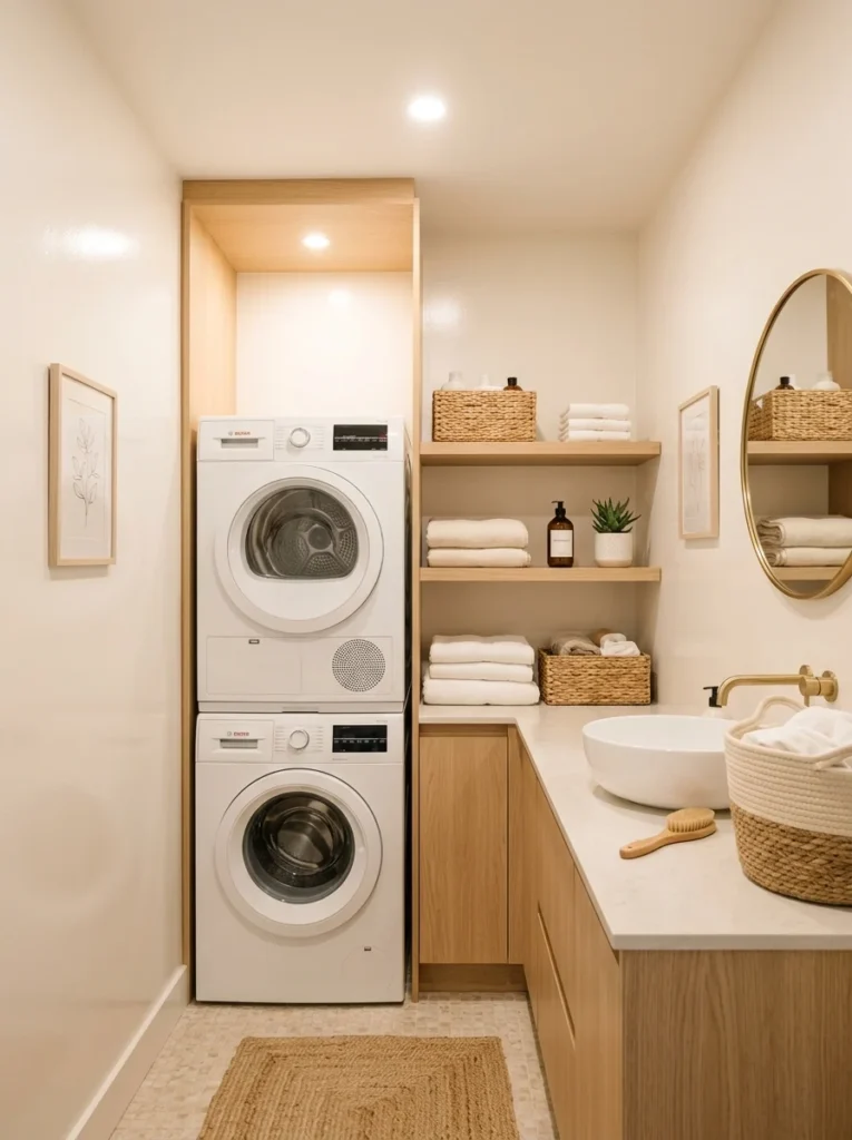 Bright white small laundry room using reflective colors to feel more spacious.