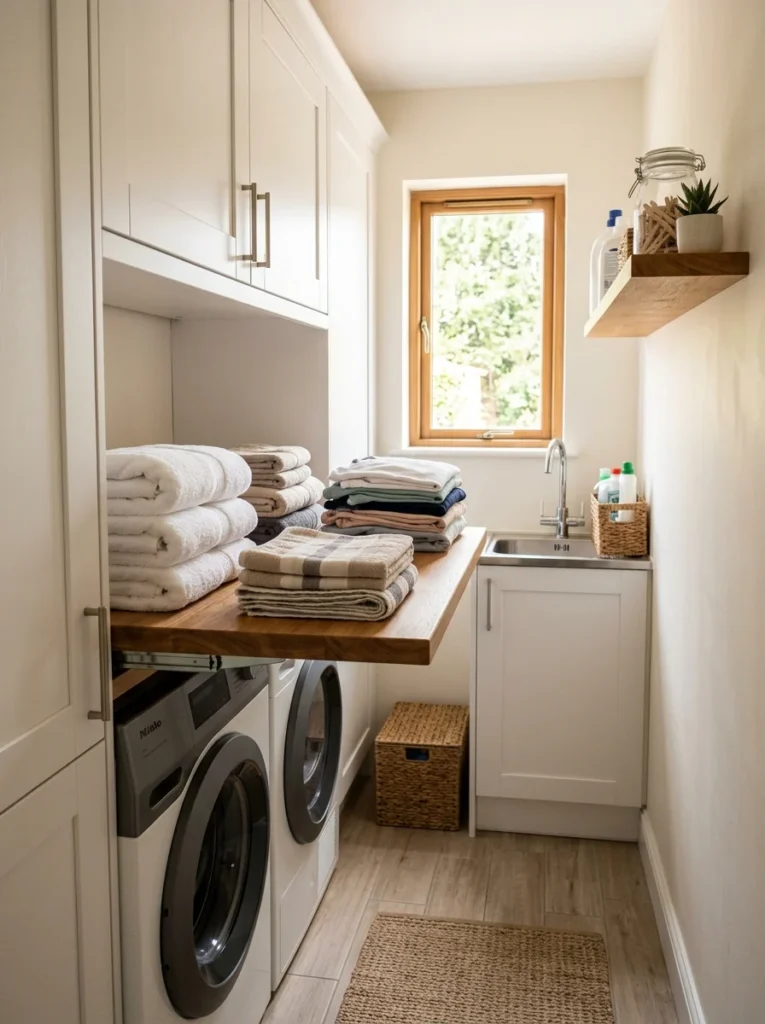 Fold-down folding shelf above a washer and dryer