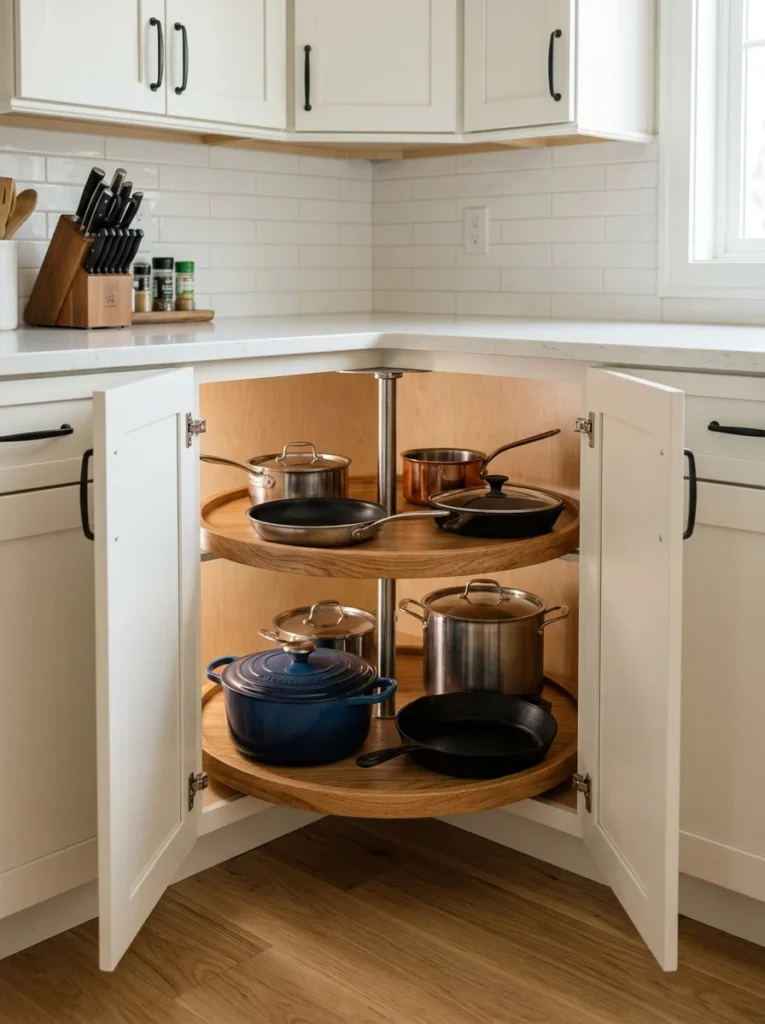 Lazy Susan organizing pots inside a corner kitchen cabinet