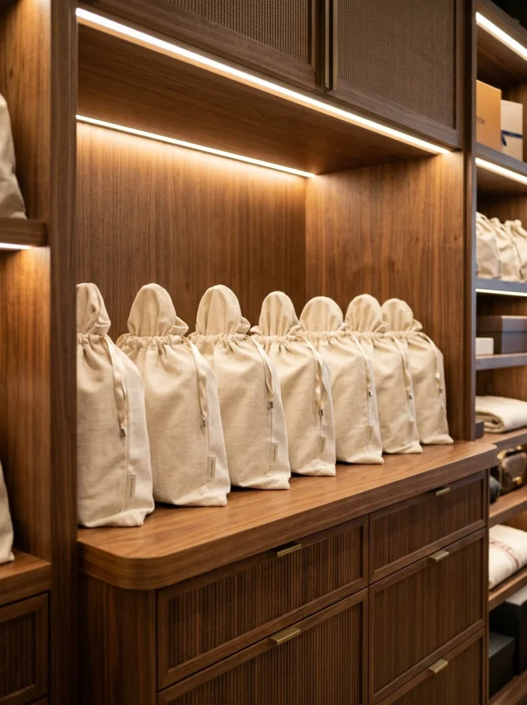 Structured handbags protected in individual dust bags