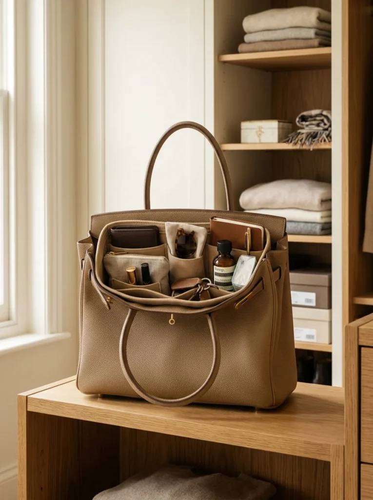 Structured handbag with an organizer insert inside