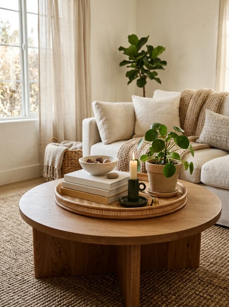 Coffee table arrangement uses tall, medium, and low decor pieces for visual balance.