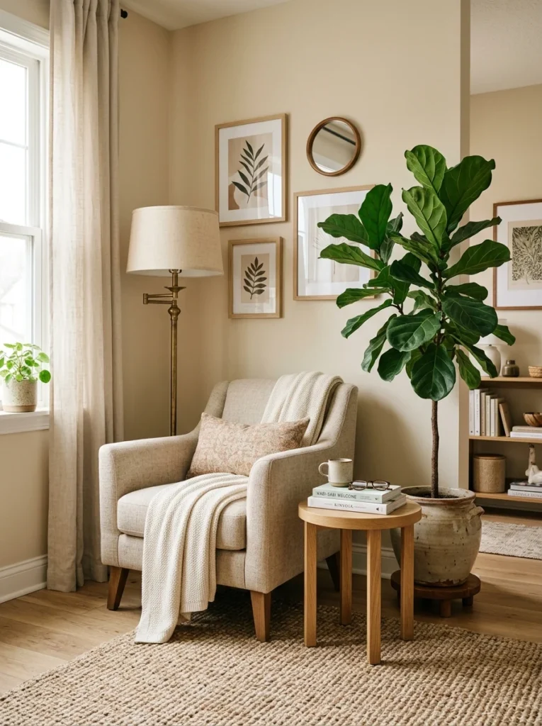 : Layered living room corner with chair, plant, table and floor lamp