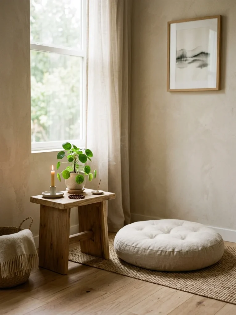 Calm meditation corner with cushion and plant in a living room