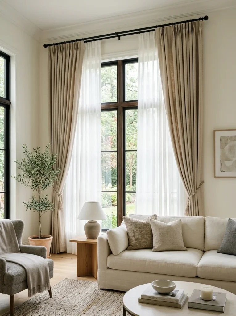 Living room window with layered sheer and blackout curtains for flexible light control.