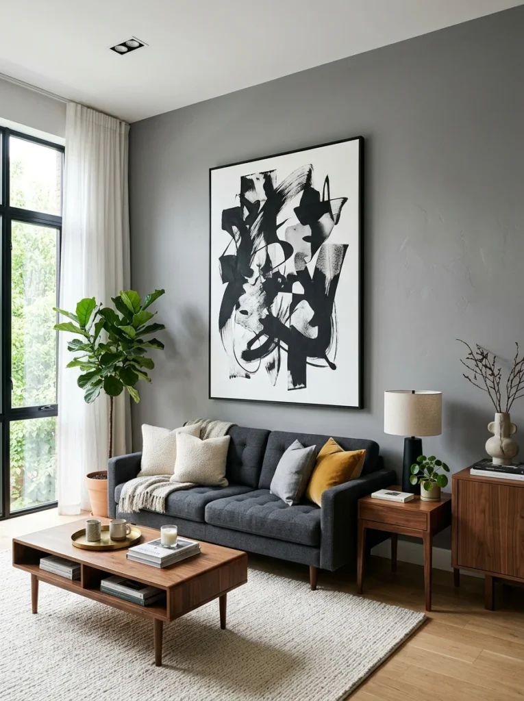 Neutral abstract artwork decorating a grey living room.