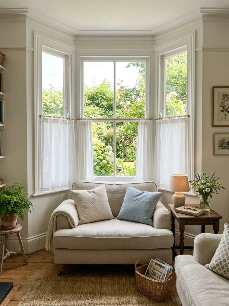 White café curtains covering the lower portion of a living room bay window.
